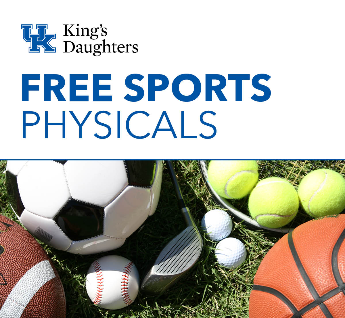 UK King's Daughters logo with a variety of sports equipment including golf balls, a soccer ball, football and basketball.